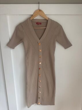 Guess Tan Ribbed Button-Front Knit Dress